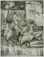 Welcome to the Planet of Water. 1995, etching, 'Laboratorium Dr.M' series, Plate 5, 19 by 30 cm. $200