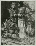 Seller of puppets. 1996, etching, aquatint, 'Master of puppets' series, Plate 5, 19 by 25 cm. $300